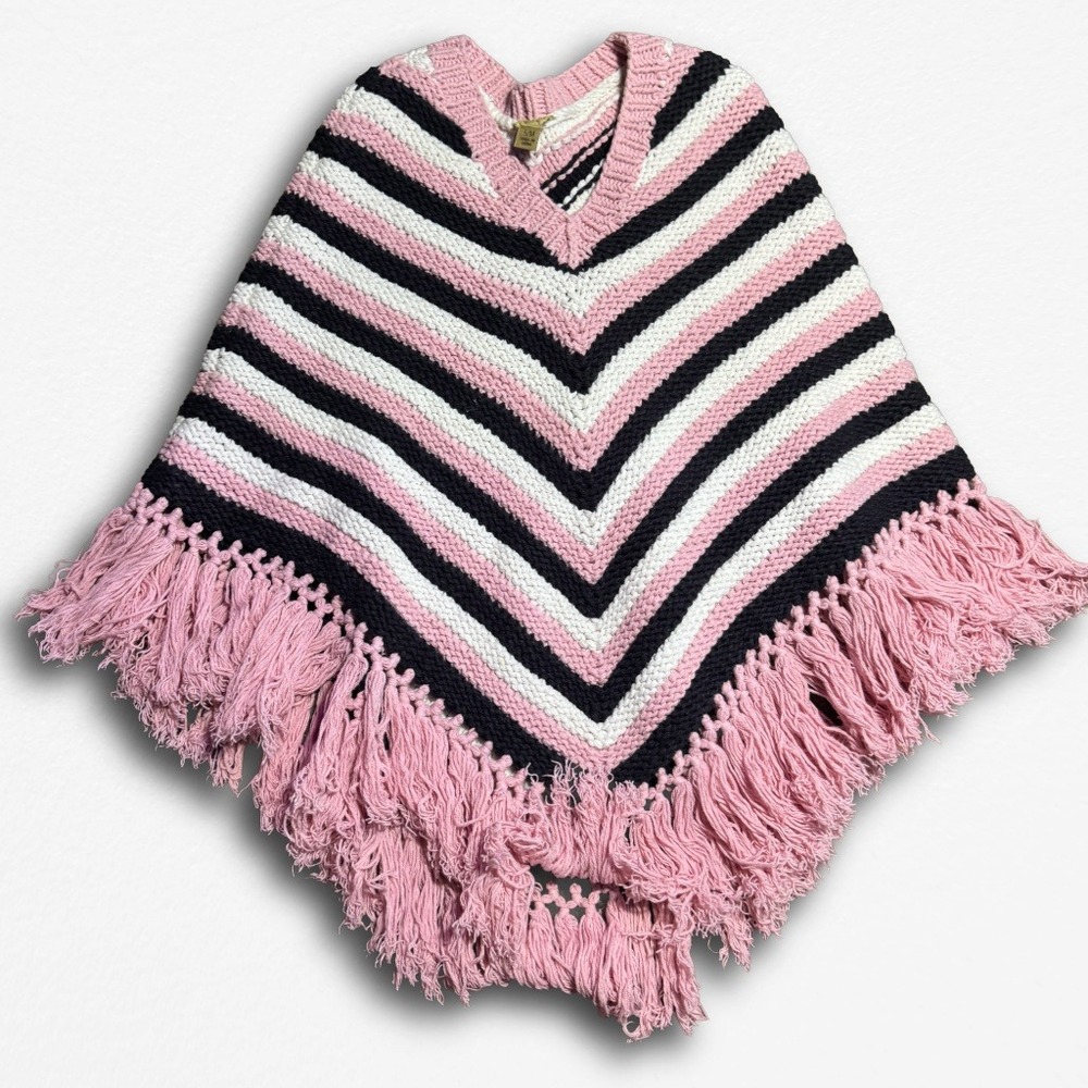 Caslon Pink Stripe Knit Fringe Poncho Sweater V-Neck Y2K Boho Wrap SM